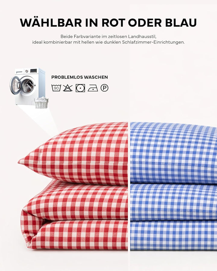 Landhaus Bettwäsche Garnitur 2-teilig 135 x 200 cm + 80 x 80 cm Baumwolle kariert blau-weiss Blau-we