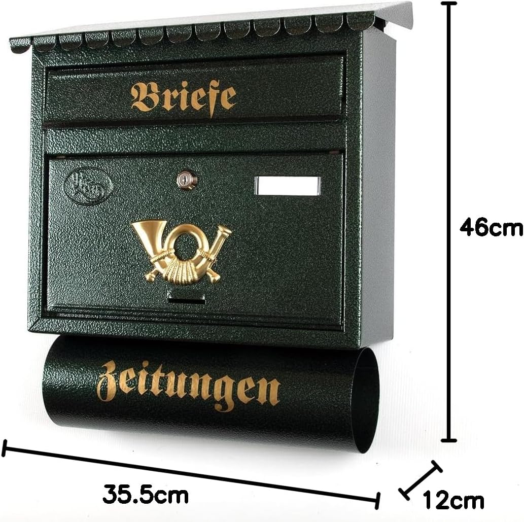 XXL Briefkasten Postkasten Zeitungsrolle Nostalgie Namenschild Wandmontage Flachdach (Antik Grün), A