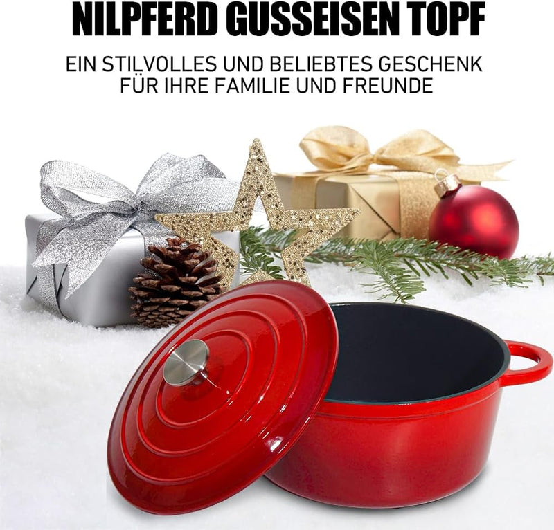 Nilpferd Gusseisen Topf Bratentopf Schmortopf Brotbacktopf mit Deckel und Griffen 22cm/3l Rund Rot E