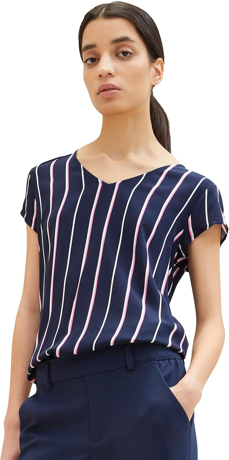 TOM TAILOR Damen Basic Bluse mit V-Ausschnitt 32 32700 - Navy Blouse Stripe, 32 32700 - Navy Blouse