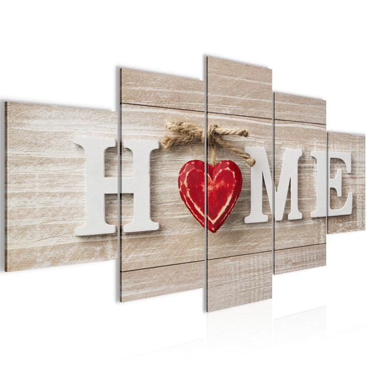 Runa Art Bild Wohnzimmer Home Herz 5 Teilig Holzoptik Beige Rot Wandbilder auf Vlies Leinwand 505253