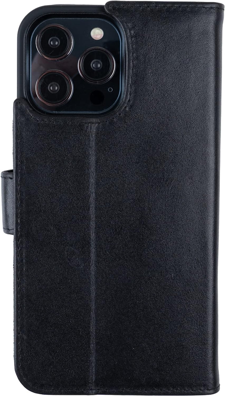 HANS/SON Klappbare Echtlederhülle in Schwarz | iPhone 14 Pro Max Ledercase mit Kartenfächern | Leder