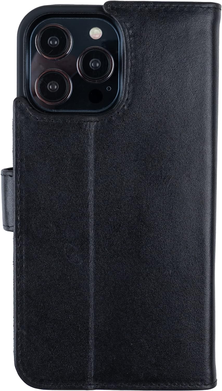 HANS/SON Klappbare Echtlederhülle in Schwarz | iPhone 14 Pro Max Ledercase mit Kartenfächern | Leder