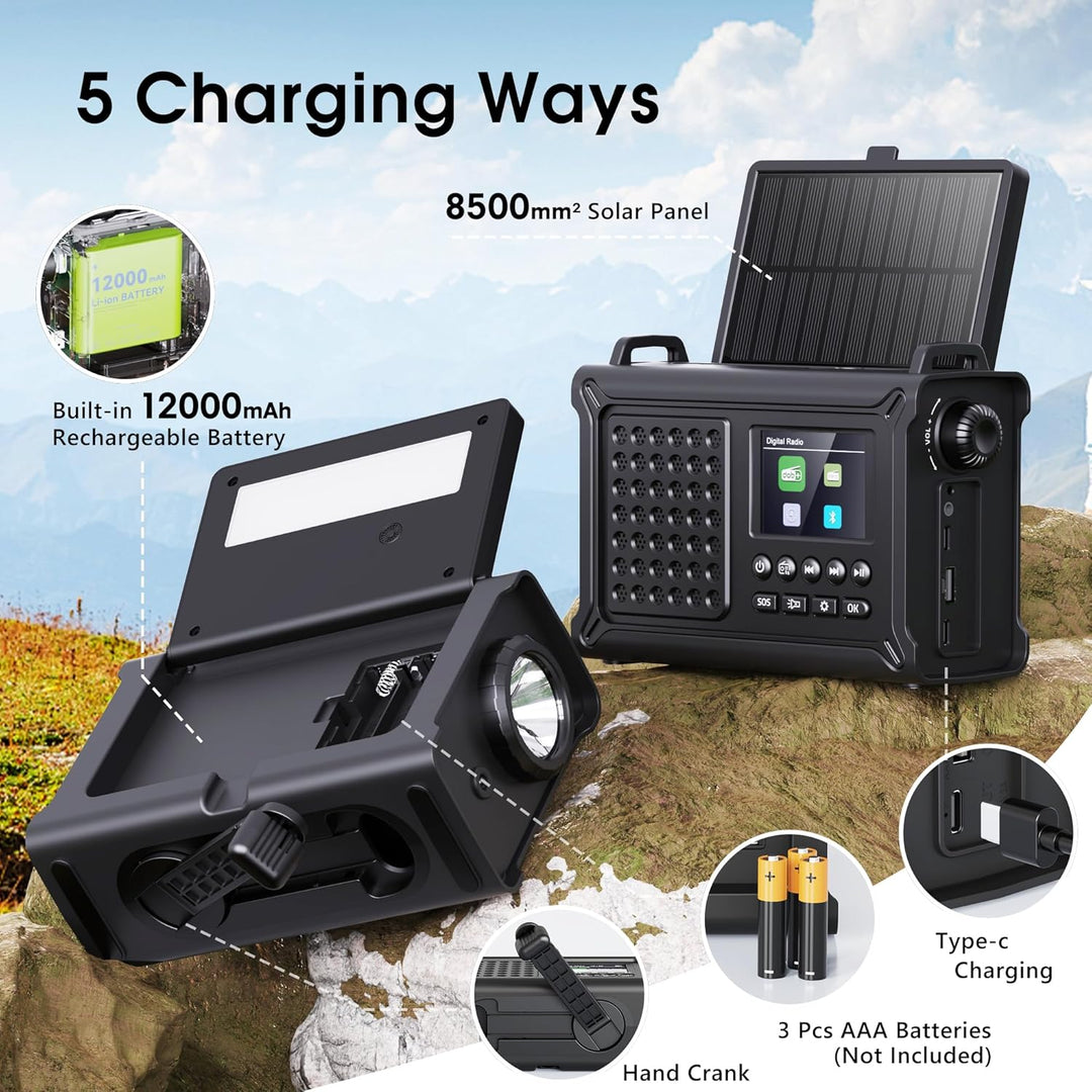 Kurbelradio DAB/UKW, Tragbare Solar Notfallradio mit 12000mAh Wiederaufladbare Powerbank, 2,4 "gross