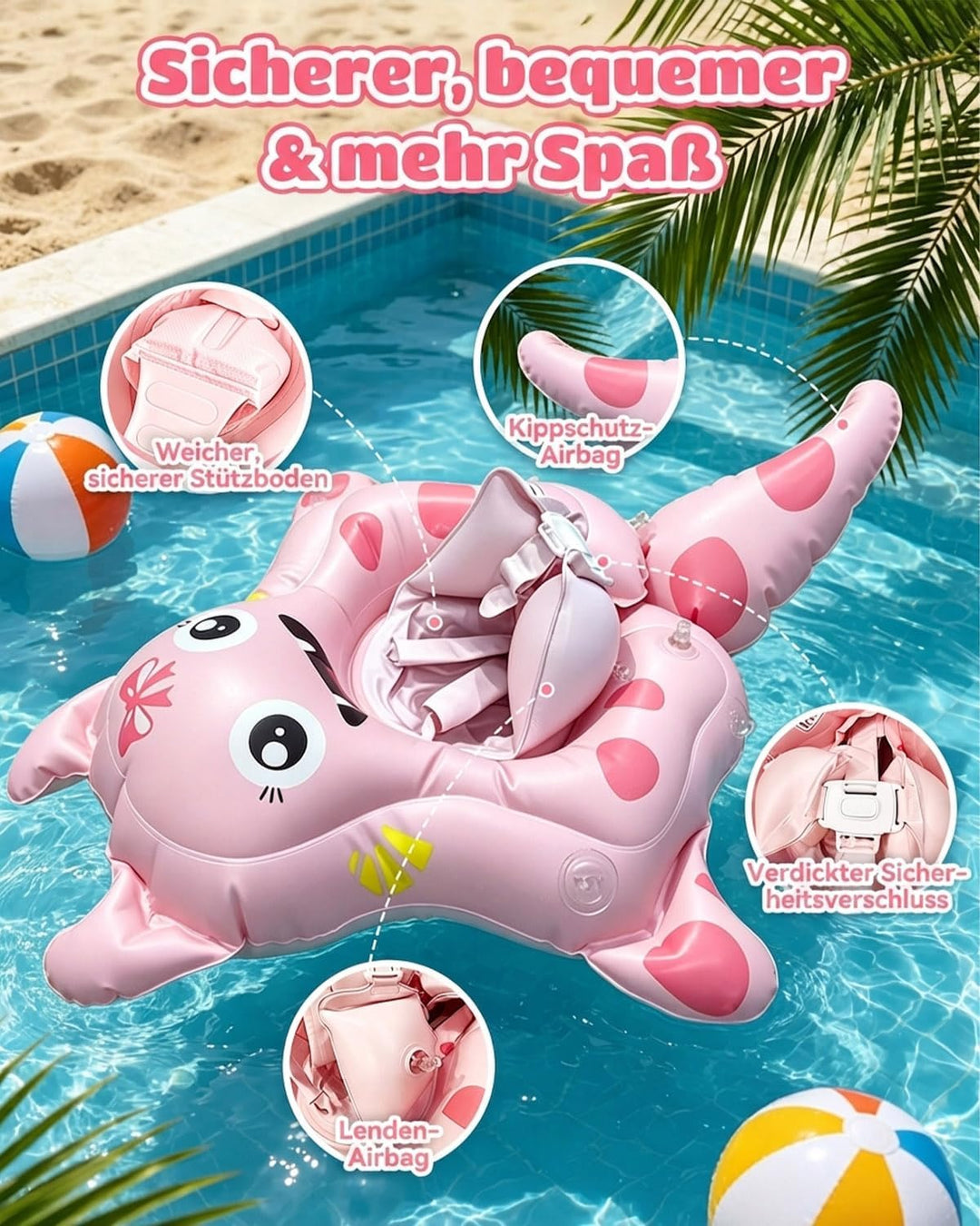 Baby Schwimmring mit UPF50+ Sonnendach Entfernbar, Premium Baby Float, Schwimmhilfe verstellbare Sch