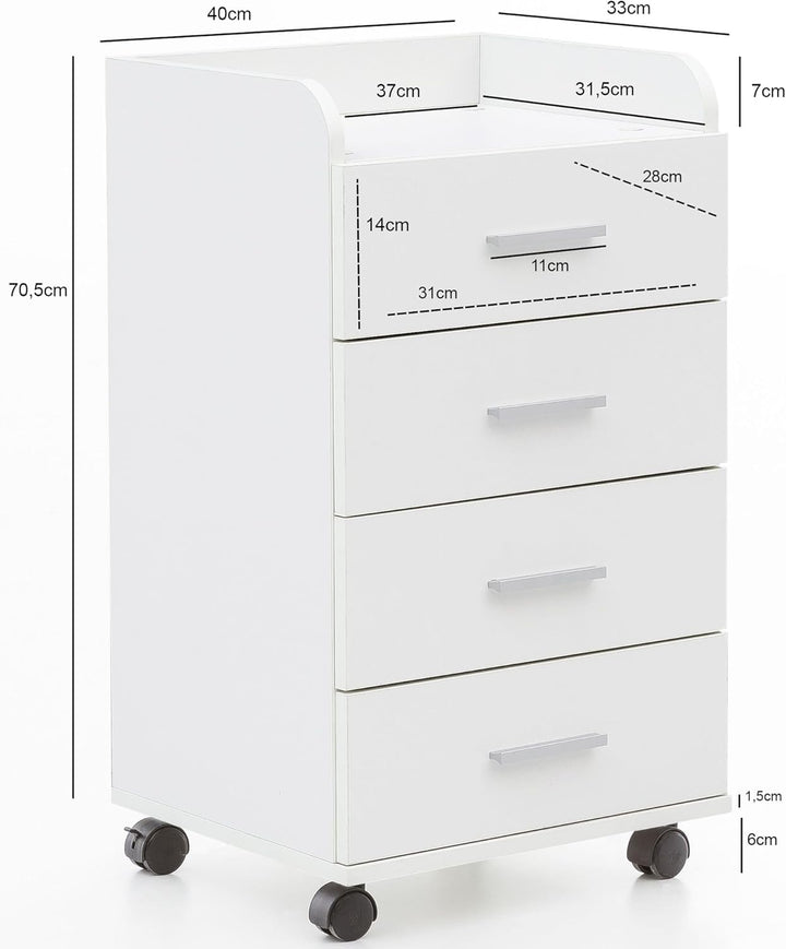 FineBuy Rollcontainer 40 x 70,5 x 33 cm, Schreibtisch-Container Rollschrank 4 Schubladen, Moderner S