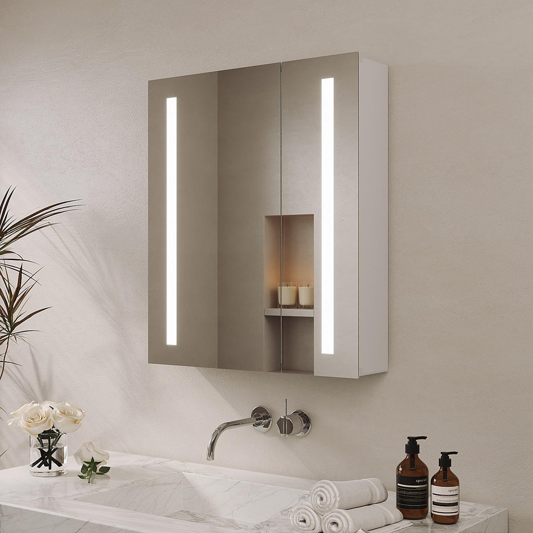 Spiegelschrank Bad mit Beleuchtung 60 cm breit 70 cm höhe Aluminium Badezimmer Spiegel Schrank Steck