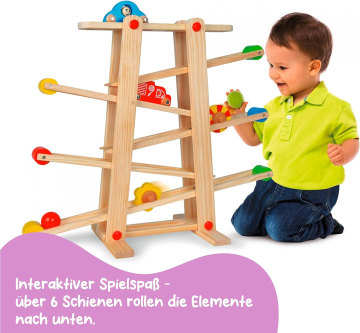 Eichhorn 100002029 Grosse Rollbahn aus Kiefernholz, 7-teilig, mit 6 Rollelementen, Kugelbahn für Kin