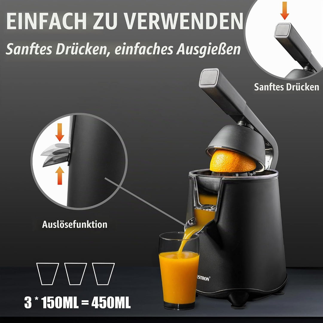Bestron elektrische Saftpresse, Orangenpresse mit Auslauf-Stopp Funktion &amp; edelstahl Fruchtfleischsi