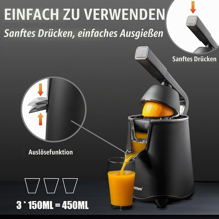 Bestron elektrische Saftpresse, Orangenpresse mit Auslauf-Stopp Funktion &amp; edelstahl Fruchtfleischsi