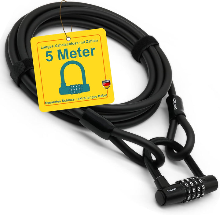 KOHLBURG Kabelschloss 5 Meter lang mit Zahlenkombination - 500cm Zahlenschloss - Stahlseil Schloss 5