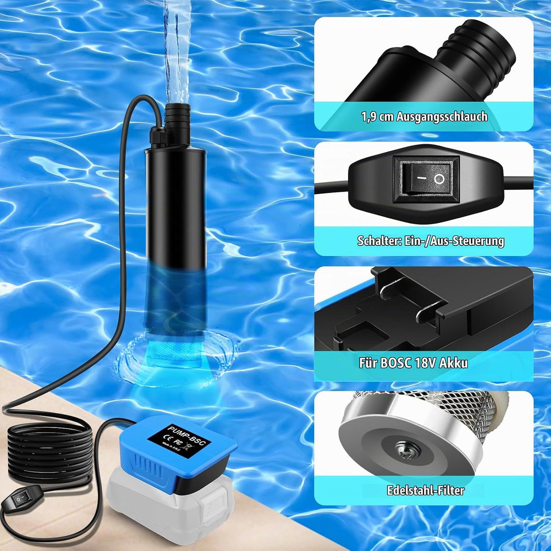 Tragbare Wasserpumpe Sumpfpumpe für Bosch 18V Home and Garden PBA Akku, 120W, 12V Regenfass Wassertr