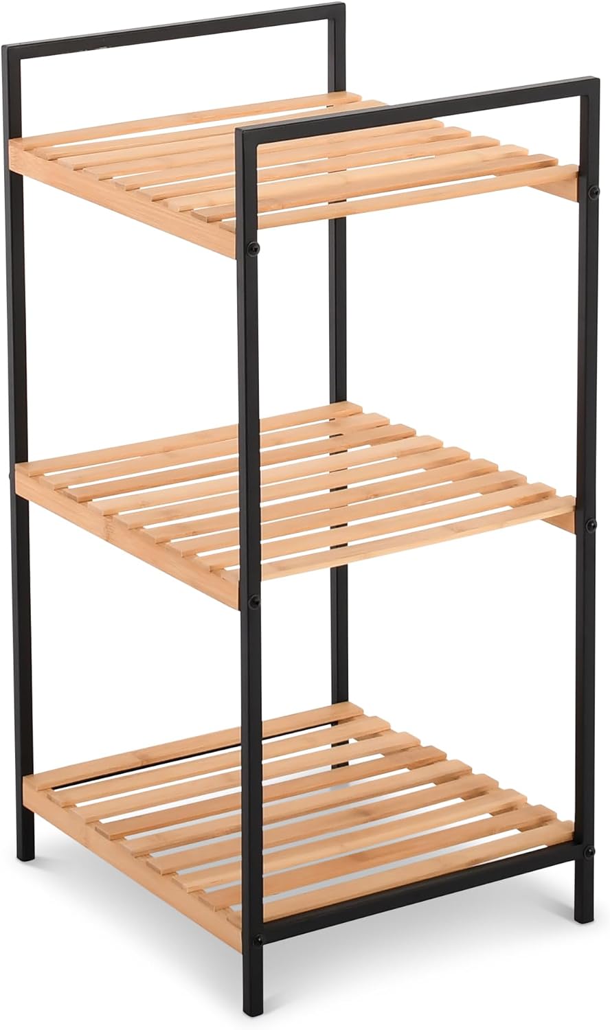 Raburg Kava Standregal, 3 Böden, Metall/Bambus, Schwarz/Holz | 3 Böden, Bambus, Metallrahmen, für Ba