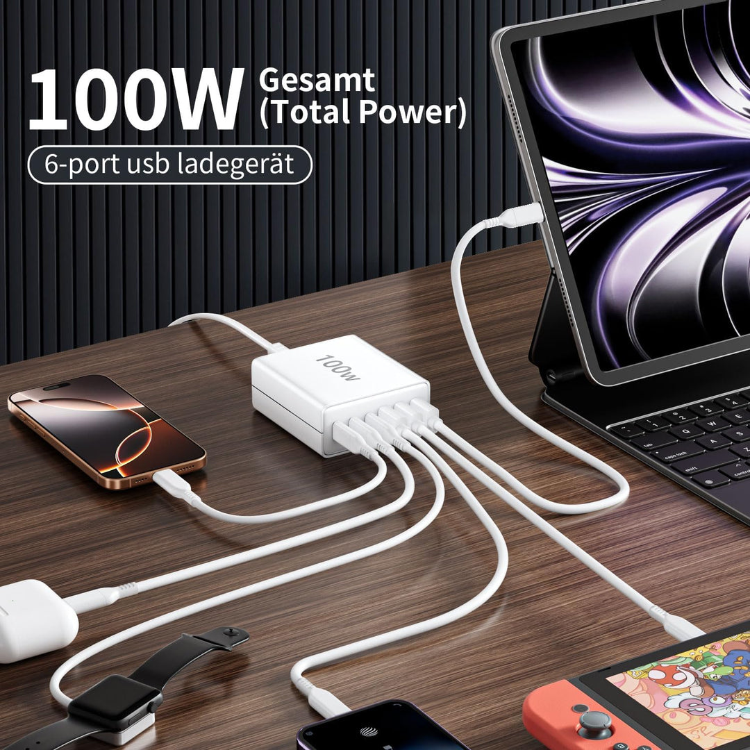 USB C Ladegerät Mehrfach: 100W 6-Port Schnellladegerät mit USB-C und USB-A, Tragbarer Charger für iP