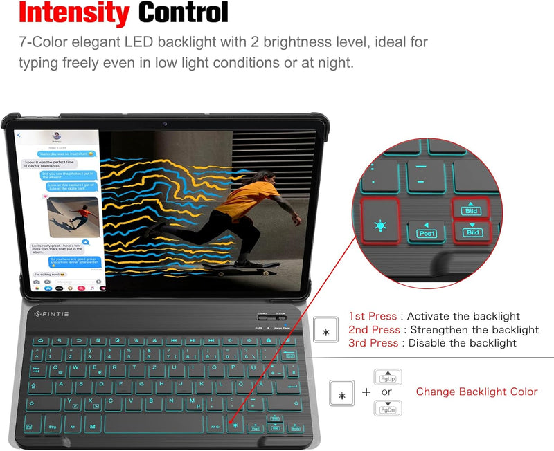 Fintie Beleuchtete Tablet Tastatur (Deutsches Layout QWERTZ), 10 Zoll Bluetooth Tastatur mit Hinterg