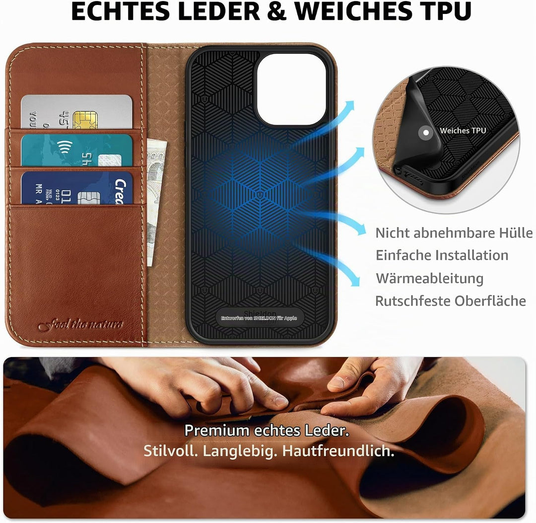 SHIELDON Hülle für iPhone 13 Pro Max Handyhülle TPU [Echtleder] [Kartenfach] [Magnet] [Standfunktion