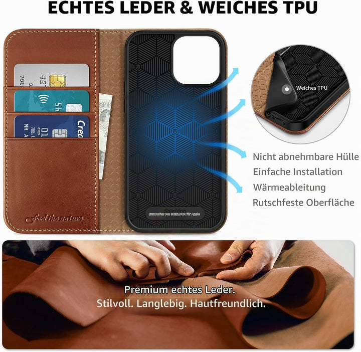 SHIELDON Hülle für iPhone 13 Pro Max Handyhülle TPU [Echtleder] [Kartenfach] [Magnet] [Standfunktion