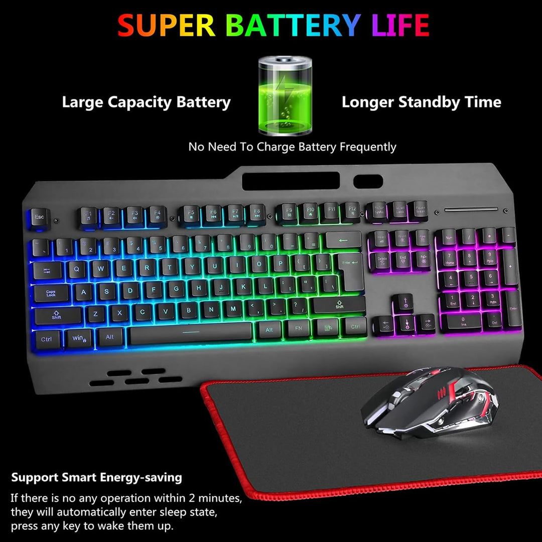Kabellose RGB-Gaming-Tastatur, kabellose LED-Maus und Mauspad-Set, wiederaufladbare Hintergrundbeleu