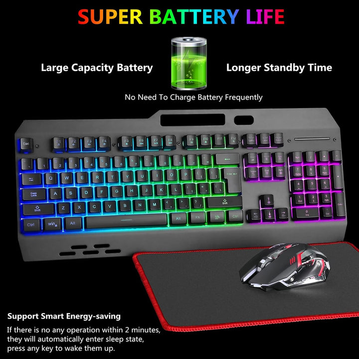 Kabellose RGB-Gaming-Tastatur, kabellose LED-Maus und Mauspad-Set, wiederaufladbare Hintergrundbeleu