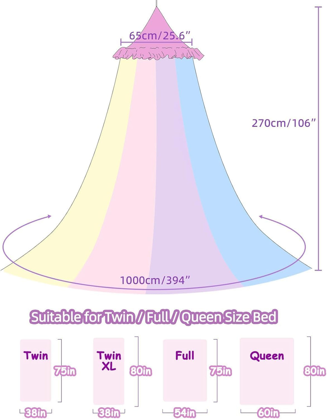 Princess Rainbow Bed Canopy with LED Light Colorful Mesh Stitching Mosquito Net Princess Dome Mesh B