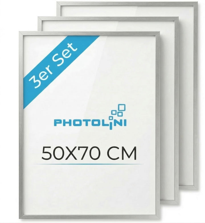 PHOTOLINI Bilderrahmen 50x70 Holz MDF 3er Set Silber, 50x70 cm Bilderrahmen gross, Rahmen 70x50 Puzz