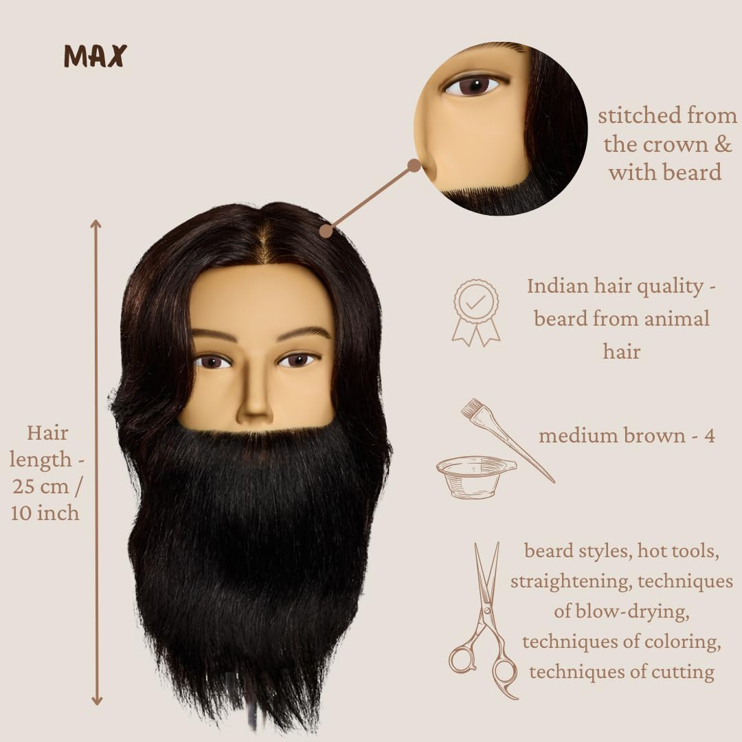 Frisierkopf Max - L'IMAGE - mit 25 cm Echthaar, mit Bart