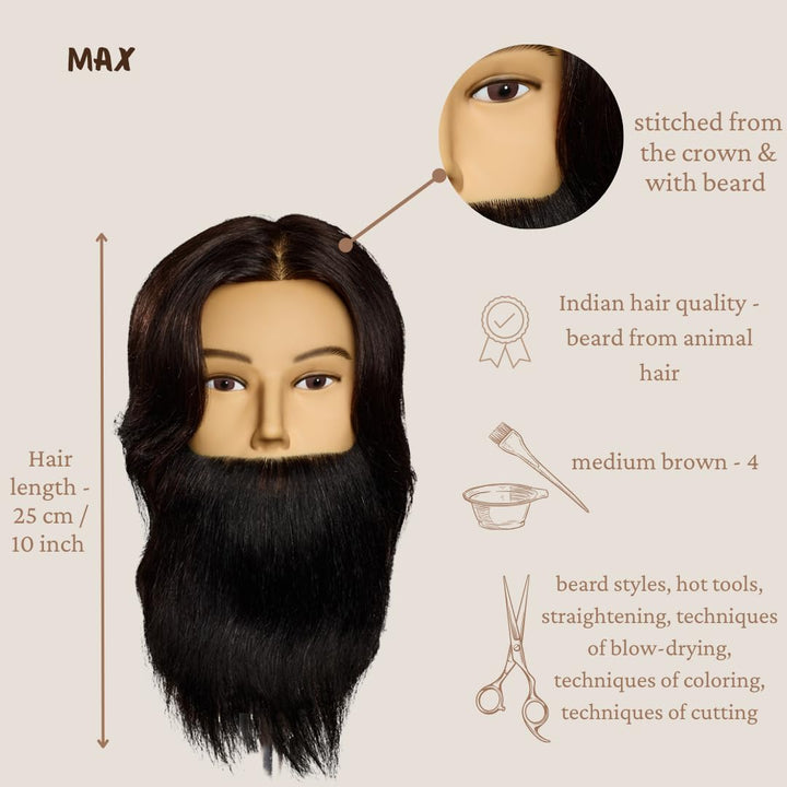 Frisierkopf Max - L'IMAGE - mit 25 cm Echthaar, mit Bart