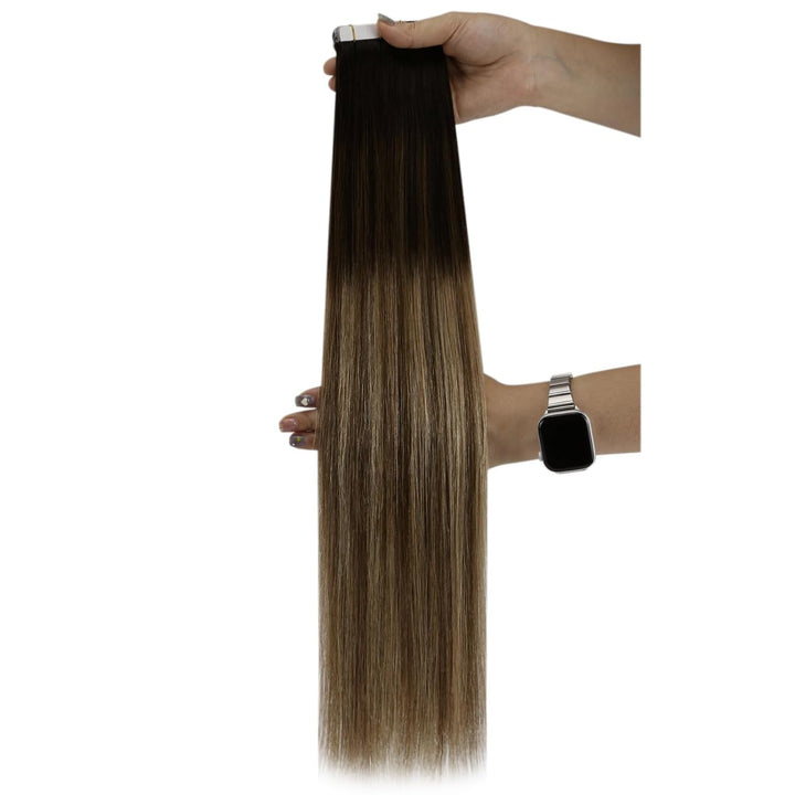 Ugeat Invisible Tape Extensions Echthaar 30cm Braun Balayage Seidig Haarverlängerung Echthaar Tapes