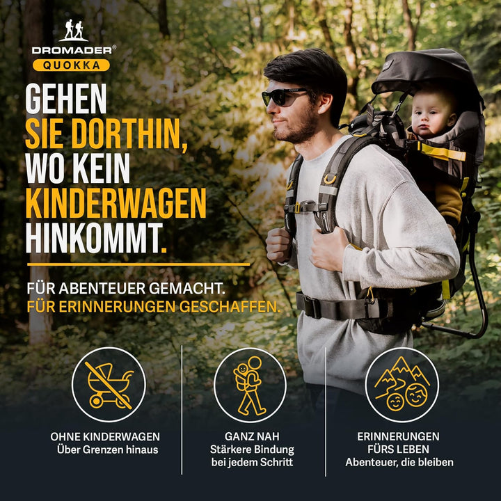 Dromader Kraxe Kindertrage bis 22kg - Baby Rückentrage Wandern mit Sonnendach Regenschutz - Babytrag