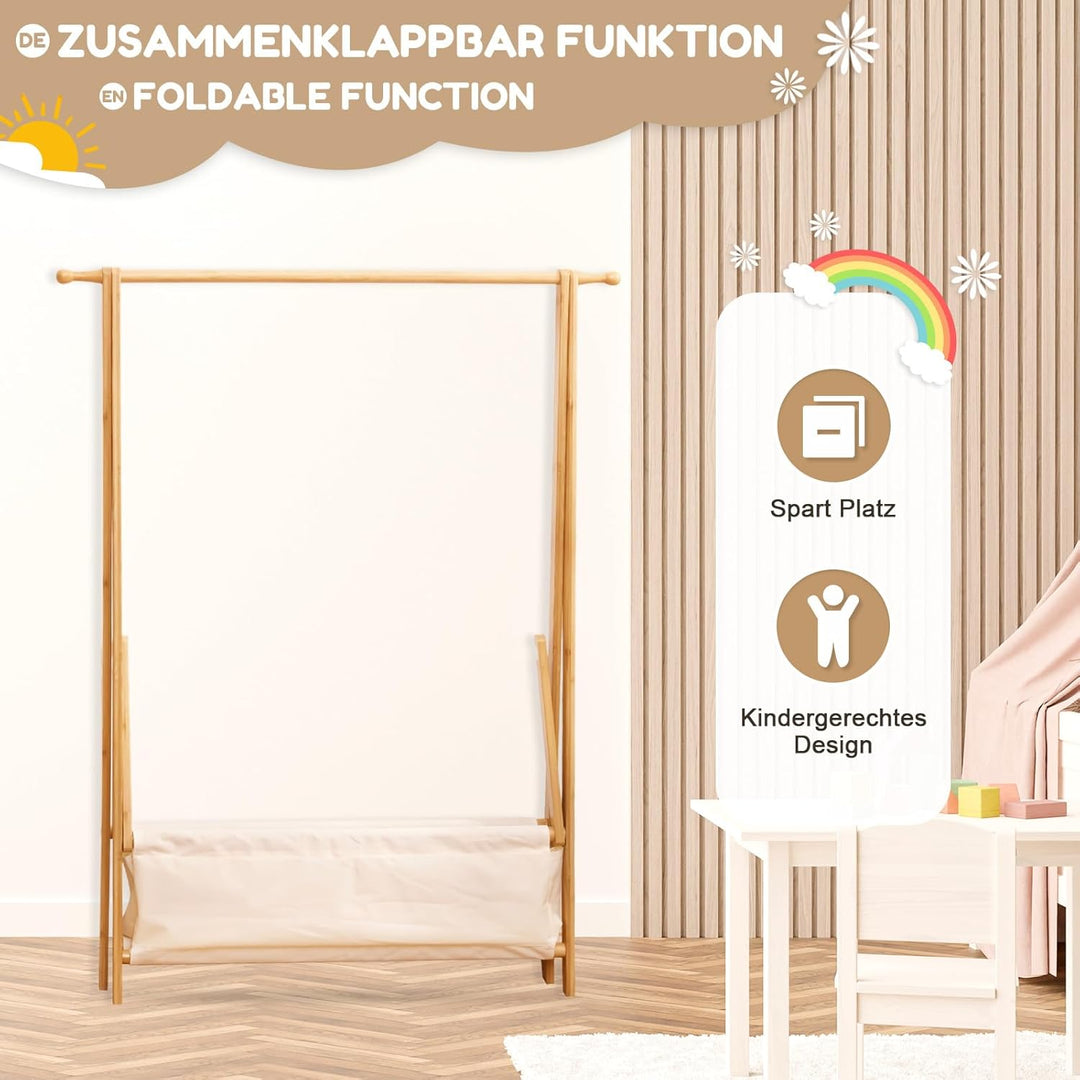 Yorbay Kinder Kleiderständer Bambus Garderobenständer mit Aufbewahrungskiste, Kindergarderobe mit Kl