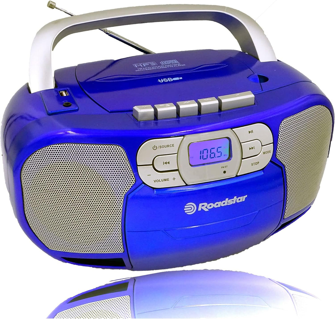 Roadstar RCR-4635UMP/BL Tragbare CD-Radio Kassette, Digitalradio PLL FM, Boombox CD-MP3-Player, USB,