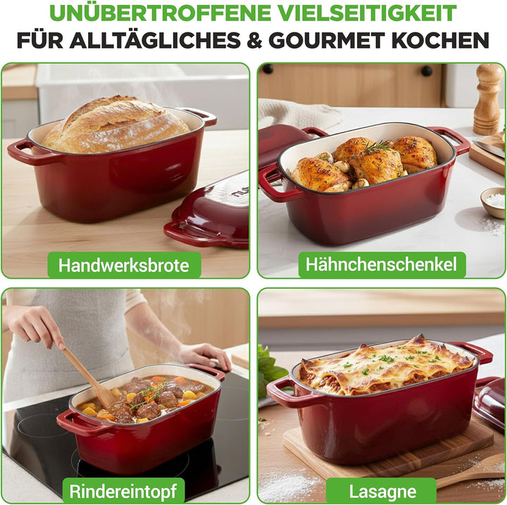 NutriChef Gusseisen Topf - Brotbacktopf - mit Deckel - 25,4 cm ovaler Brottopf mit Silikonhandschuhe