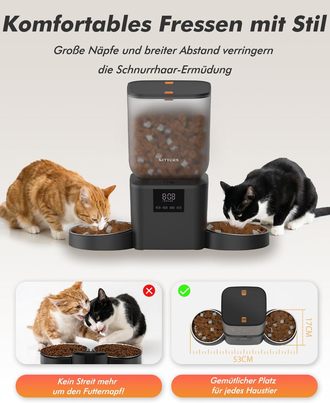 Futterautomat Katze 2 Näpfe für Katzen &amp; Hunde, mit 2 Edelstahlnäpfen | 8L katzenfutterautomat, 2-18