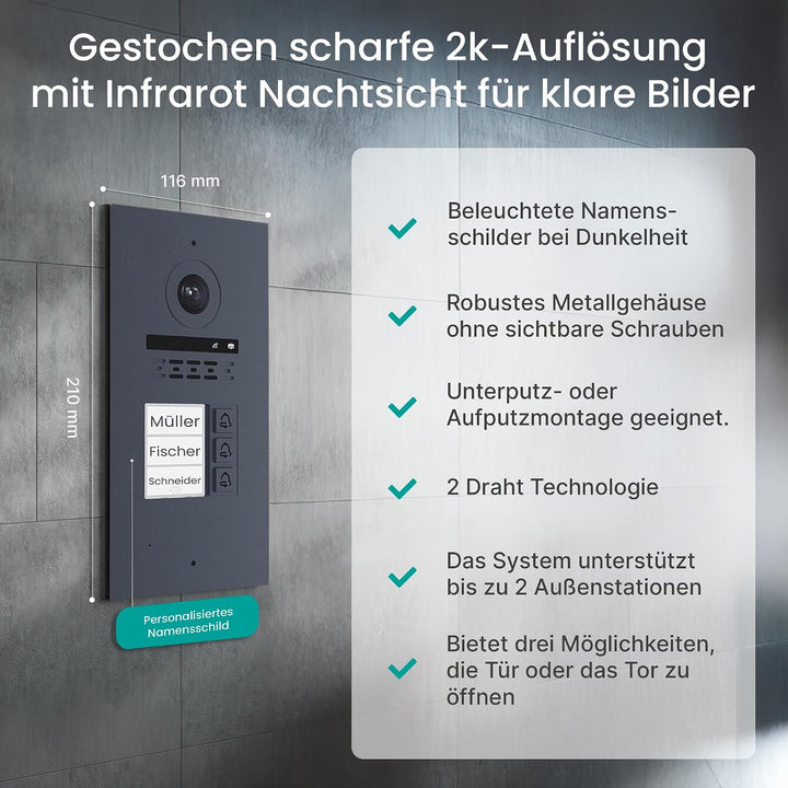 MATHFEL 2 Draht Bus IP 3 Familienhaus Video Türsprechanlage Full HD mit 2 Jahren Garantie - Fischaug