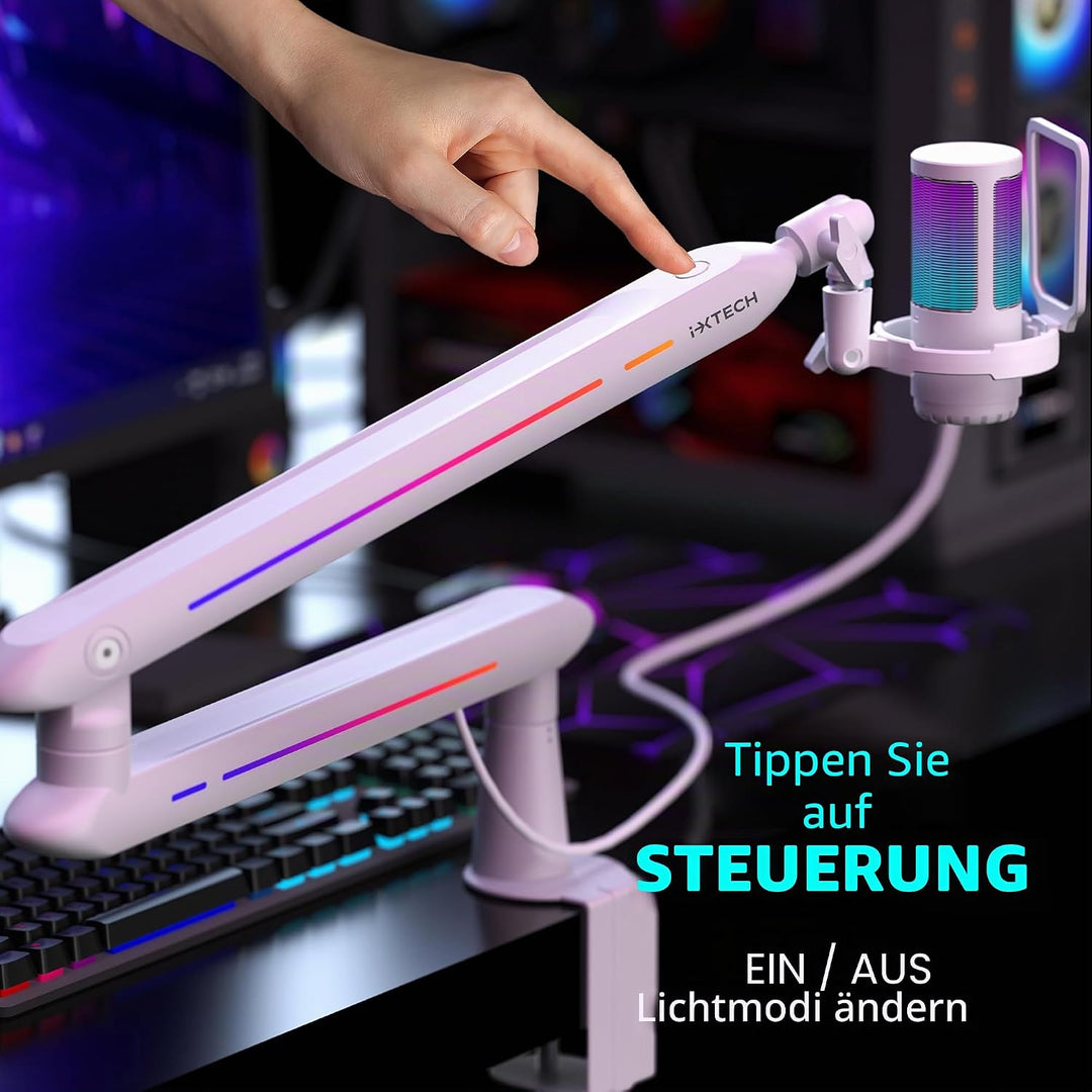 IXTECH RGB Low Profile Galgenarm für Mikrofon, verstellbarer Mikrofonarmständer mit Tischhalterungsk