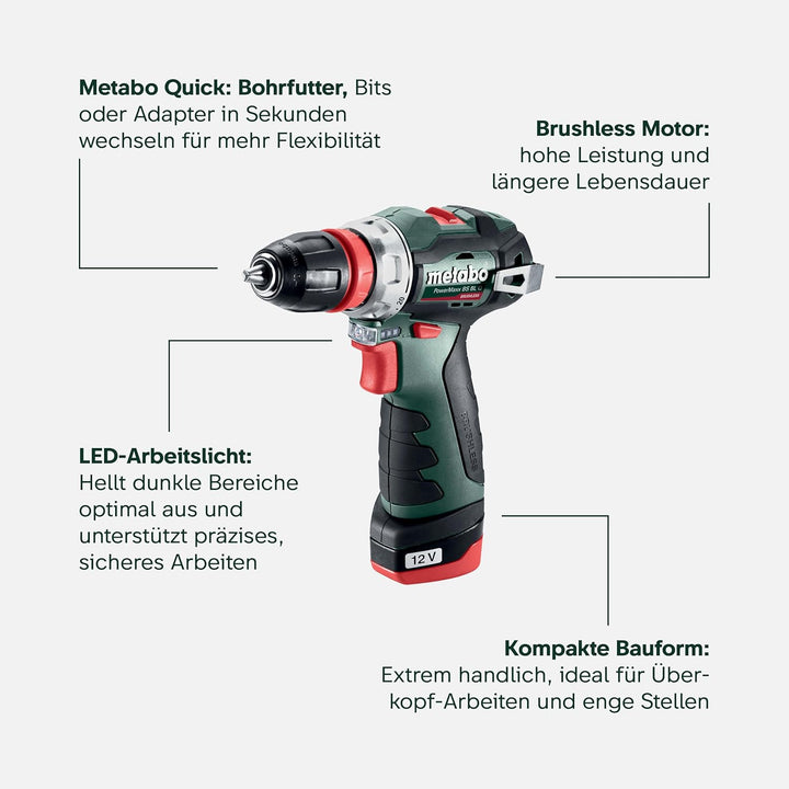 Metabo PowerMaxx BS BL Q Akku-Bohrschrauber 12V (Schrauber mit 2x Akku und Ladegerät in Kunststoffko