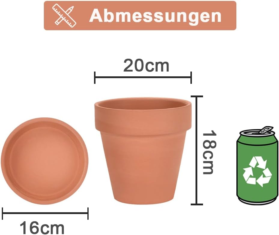 vensovo 20 cm Tontopf für Pflanzen mit Untersetzer, 2 Stück, grosser Terrakotta-Blumentopf mit Ablau