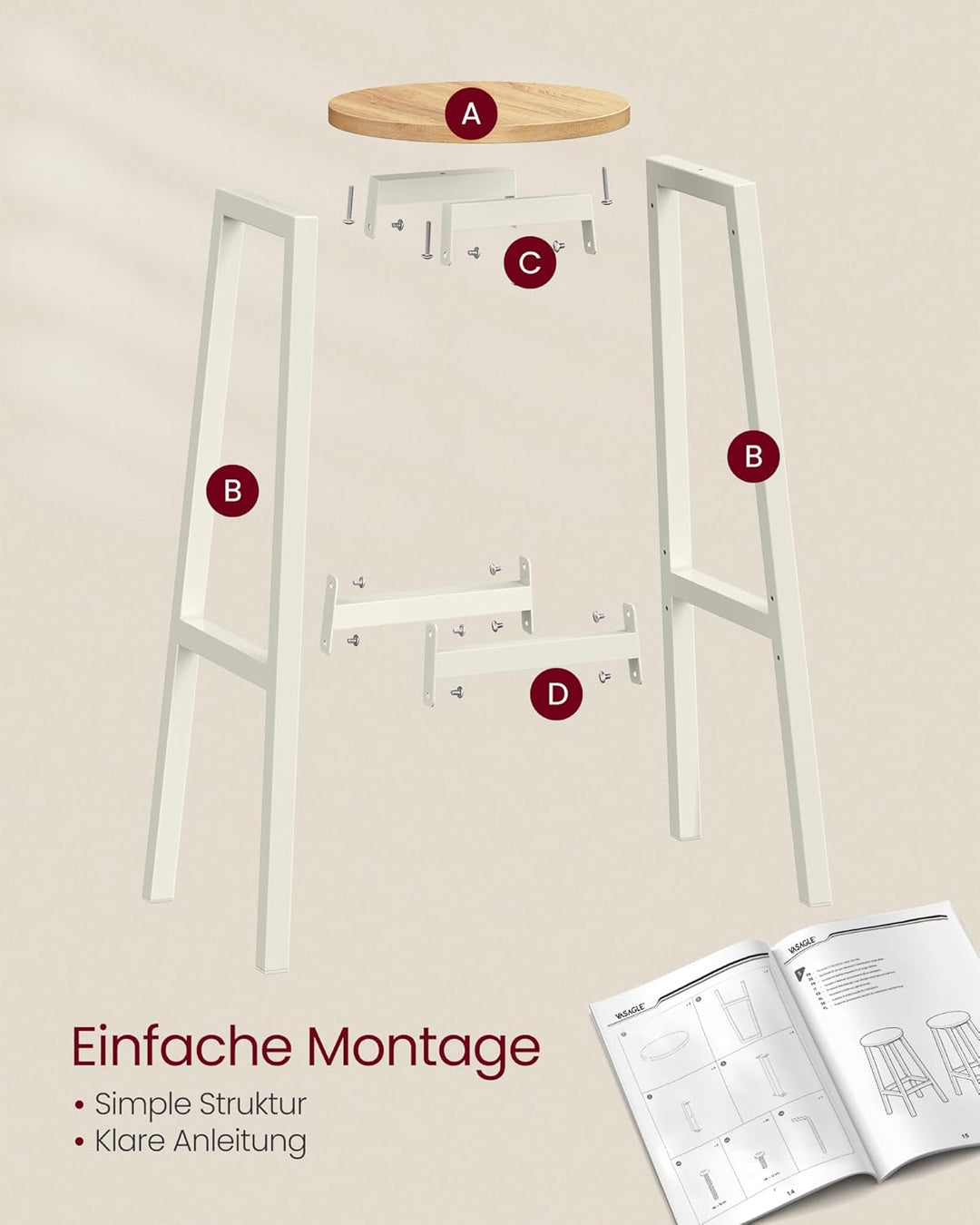 VASAGLE Barhocker, 2er Set, Barstühle, Küchenstühle mit Metallgestell, einfache Montage, 74 cm hoch,