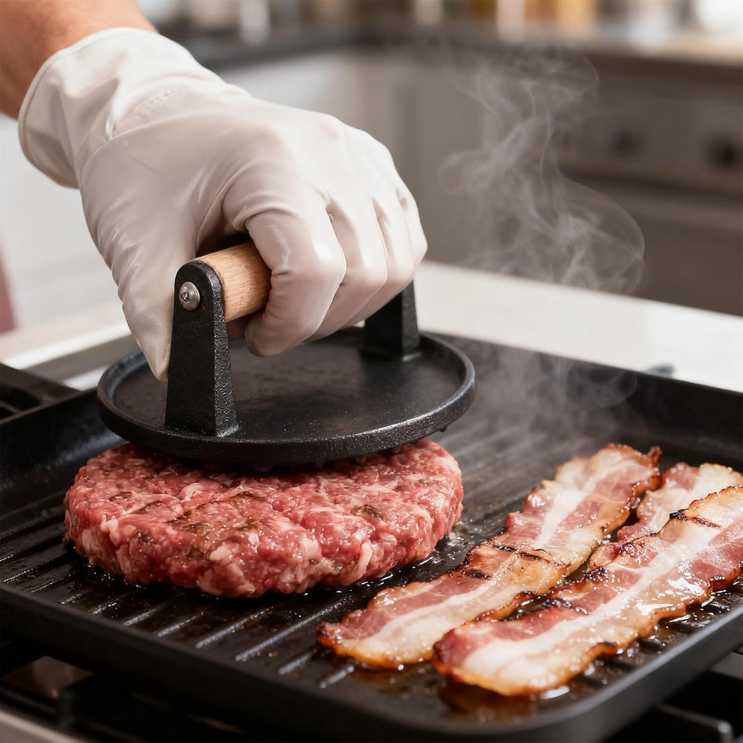 FUNSUEI 2er Set Burgerpresse Gusseisen 17,5 cm, 1KG Burger Smasher mit Holzgriff, Schwarz Rund Grill