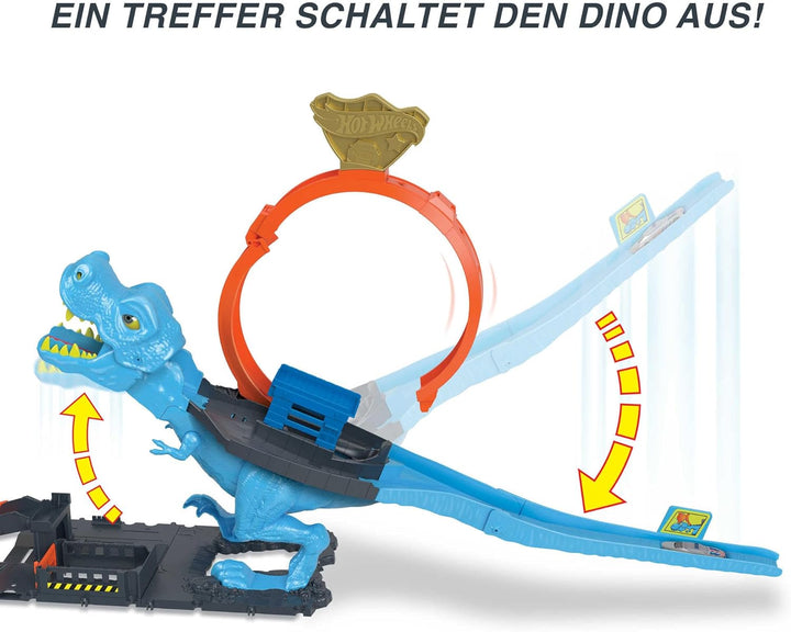 Hot Wheels Autorennbahn T-Rex Angriff, Geschicklichkeitsspiel durch genaues Timing und Zielen, mit L
