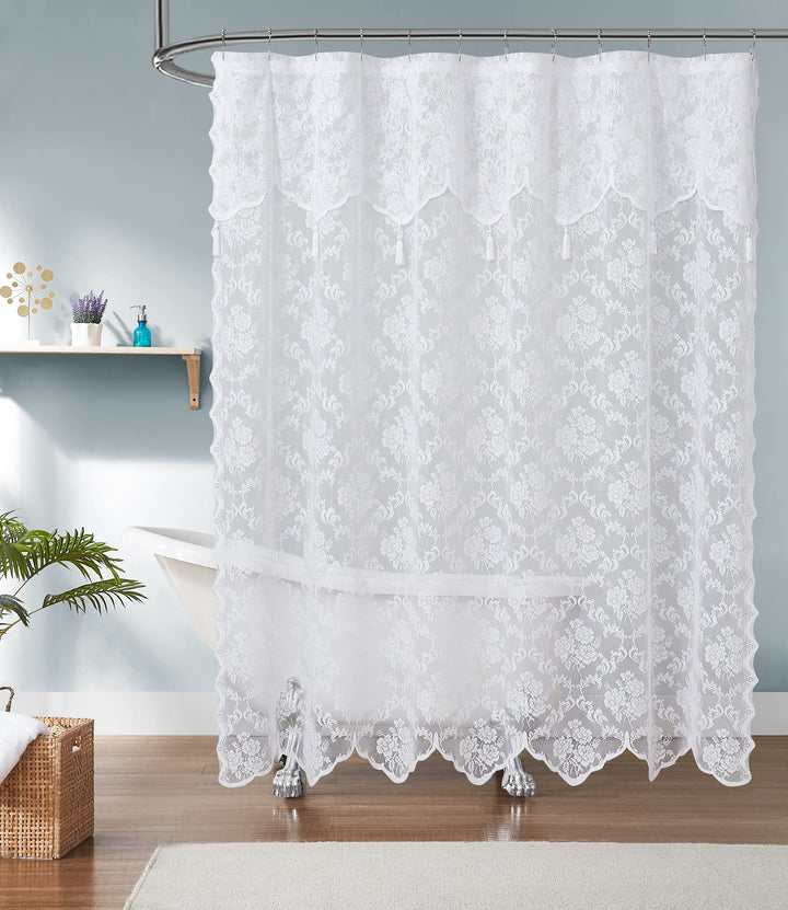 LinenZone Extra Langer Duschvorhang mit Volant, 182,9 x 213,4 cm, Spitzenstoff, ideal für Landhaus-