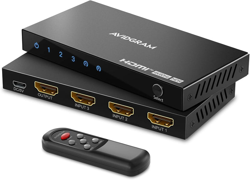 HDMI Switch 4K 60Hz, AVIDGRAM HDMI 2.0 Umschalter 3 in 1 Out, 3 Port HDMI Selector Box mit IR-Fernbe