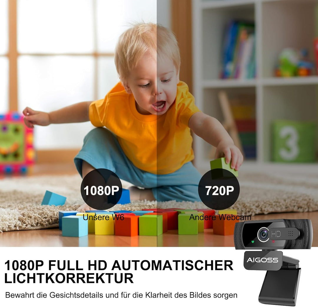 Webcam 1080P mit Mikrofon und Webcam Abdeckung, Stativ, Plug & Play, mit automatischer Lichtkorrektu