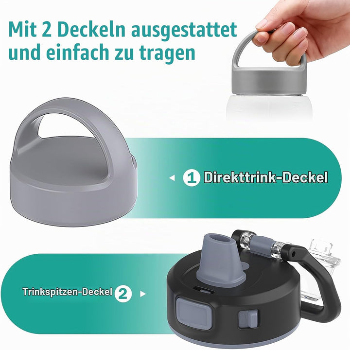 BLUEGO 700ml Glas Wasserflasche mit 2 Deckeln- One-Touch Verschlussdeckel und Griffdeckel Wiederverw