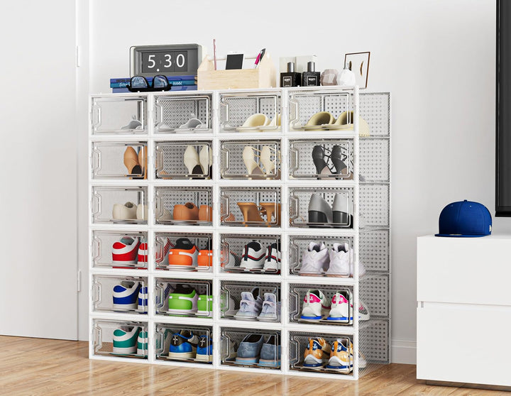 HOMIDEC Schuhboxen, 12er Set Schuhboxen Stapelbar Transparent, Faltbar Schuhorganizer Schuhaufbewahr