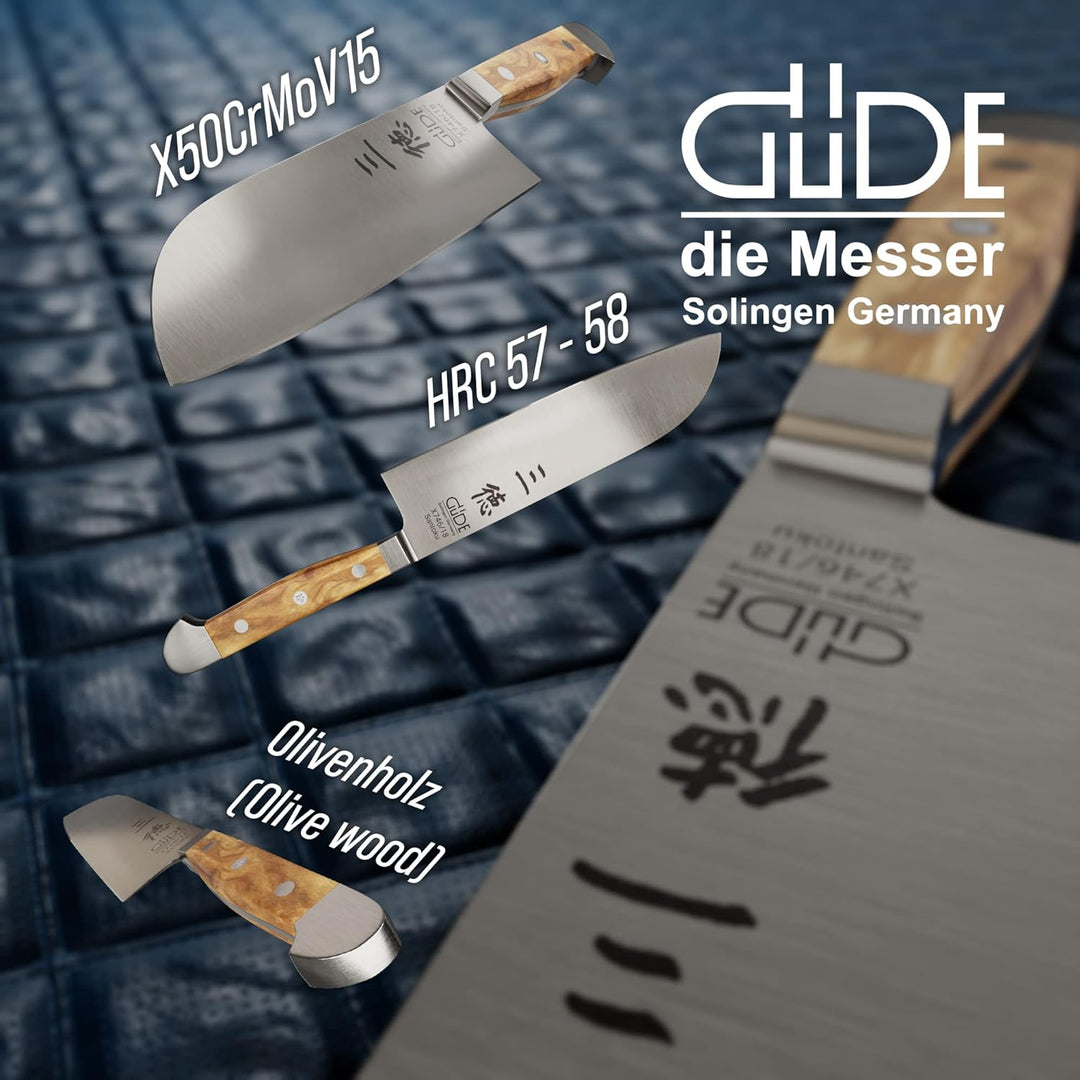 GÜDE Solingen - Santoku Messer geschmiedet, 18 cm, Olivenholz, ALPHA OLIVE, Doppelkropf, Handmade Ge