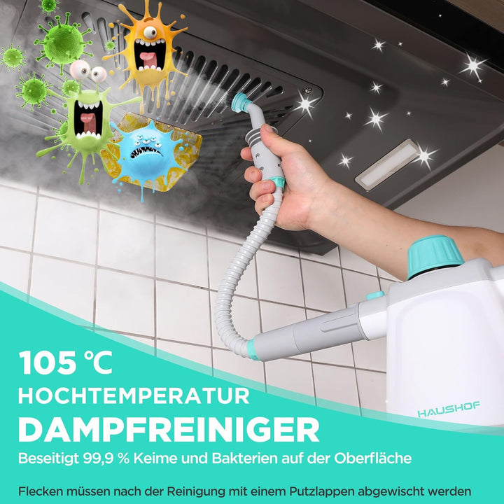 HAUSHOF Dampfreiniger Handgerät 450ml, 1200W Hand Dampfreiniger für alles mit 8 Zubehör, 3,0 bar Dam