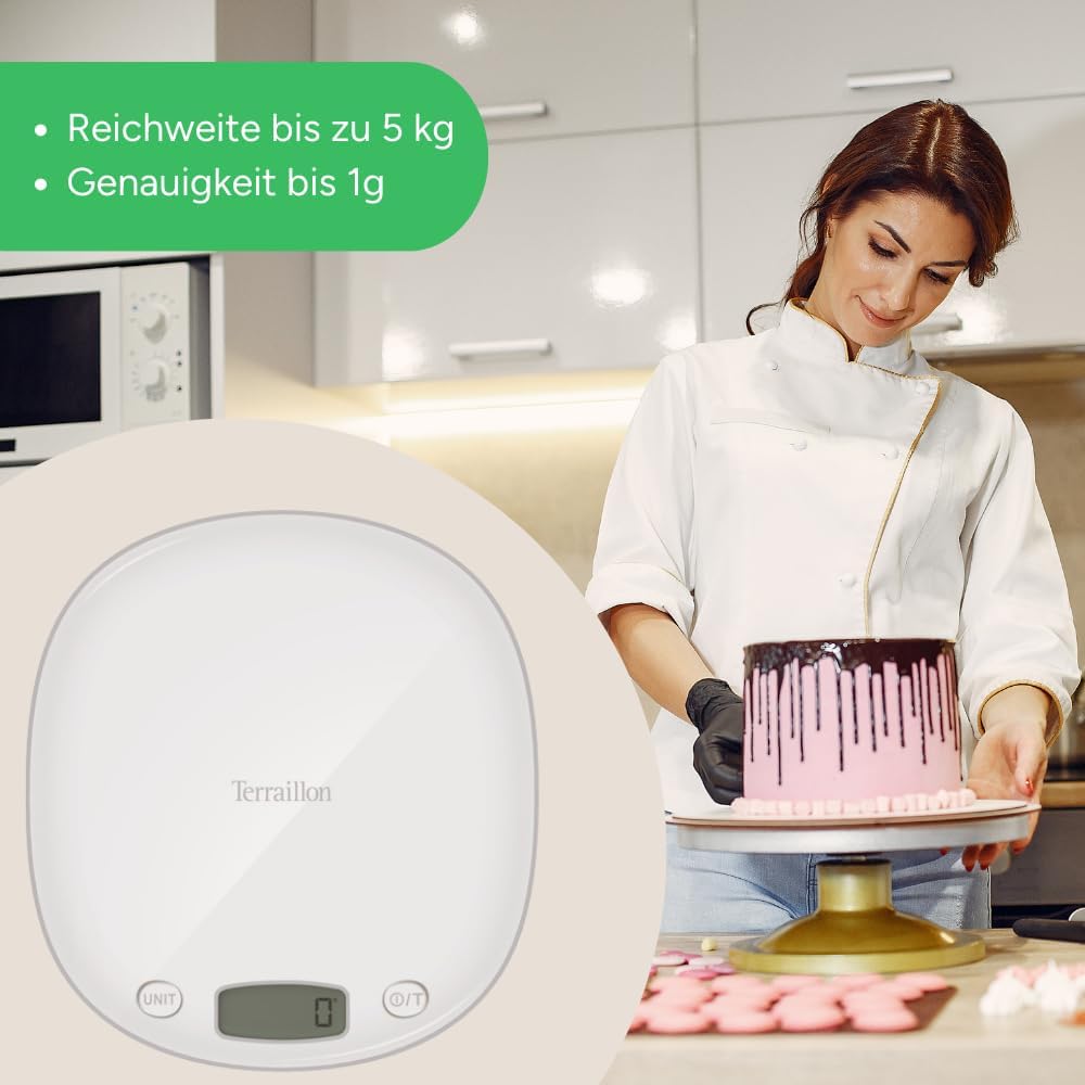 TERRAILLON elektronische Küchenwaage – Tara, Flüssigkeitsumrechnung, integrierter Griff, Wiegebereic