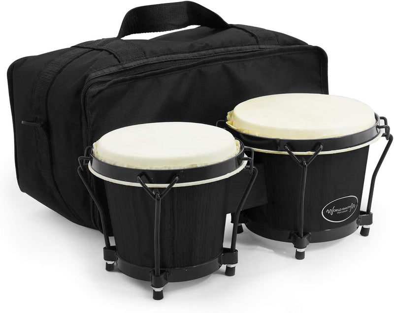 World Rhythm BON7 Bongos 6"" & 7"" Anfänger Eiche Bongo Drums - Matt Black Bongos mit gepolsterter G