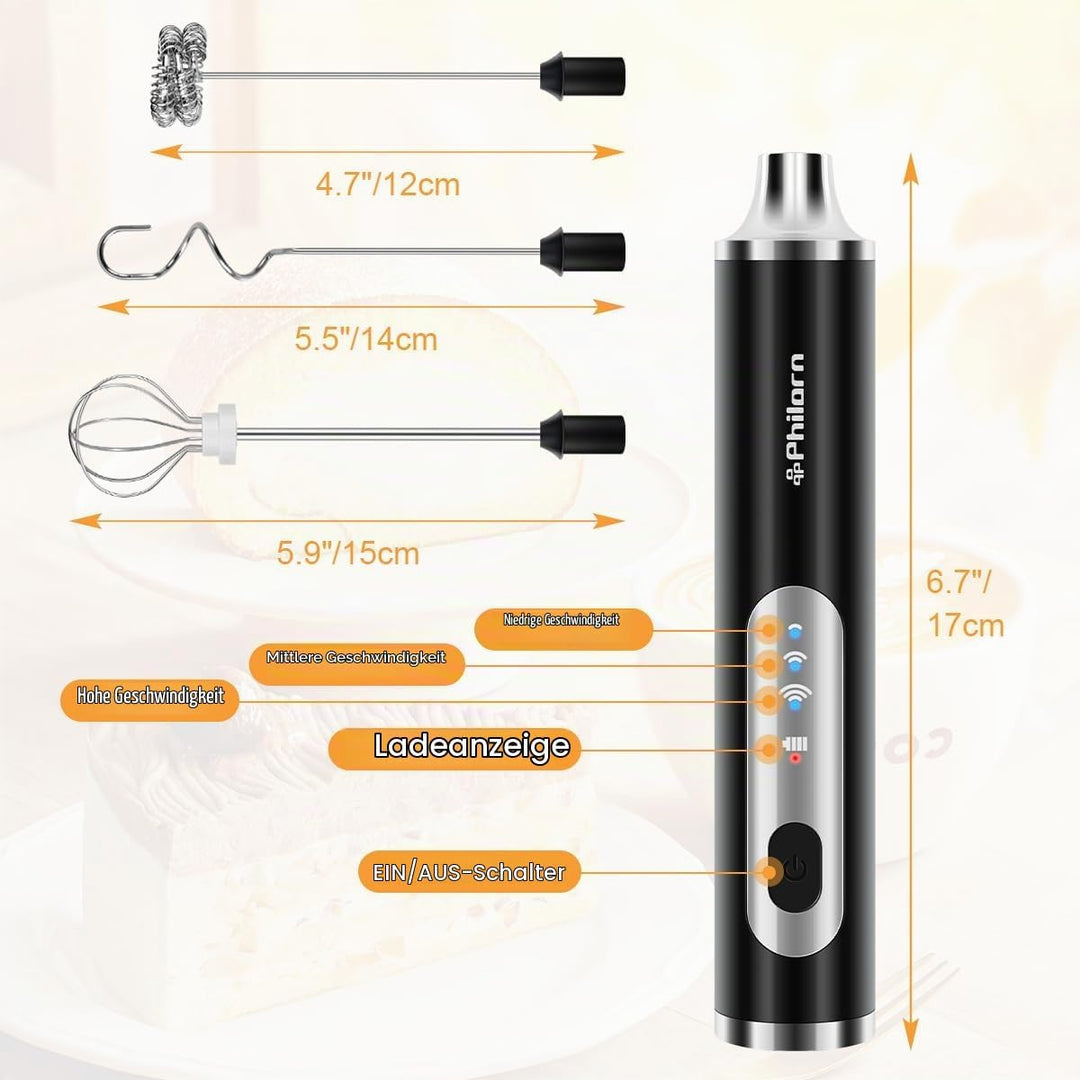 Philorn Milchaufschäumer Stab, Milchaufschäumer Elektrisch Stab Hand Held, 3-Gang USB-C Aufladbar Au